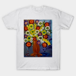 abstract flowers painted in acrylic paint and neon paint . In a gold vase with legs T-Shirt